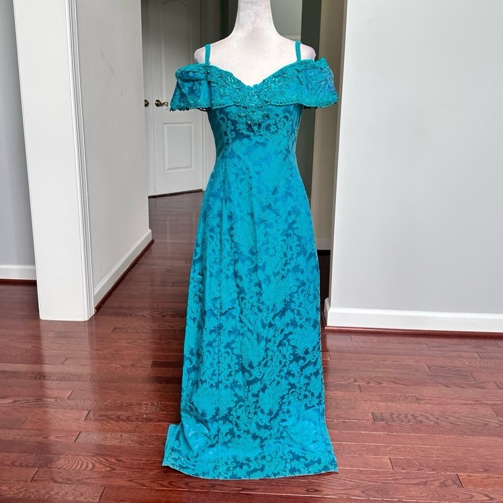 Vintage Steppin Out Blue Rose Floral Embossed Lace Off The Shoulder Gown Dress